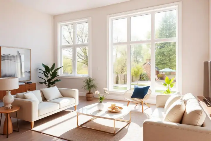 Bright, spacious kitchen with light wood cabinetry, stainless steel appliances, a double sink, and large windows overlooking lush green trees. A small dining table sits in a bay window nook, filling the space with natural light.